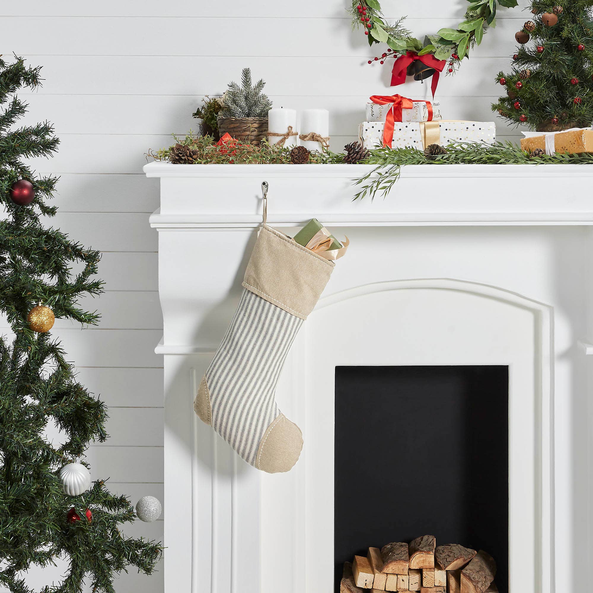 Grace Ticking Stripe Patch Stocking 12x20